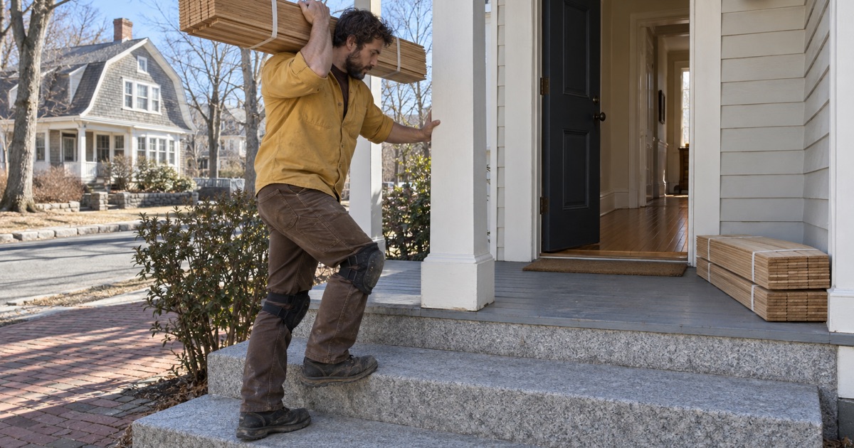 Worker carrying a strapped bundle of white oak flooring on his shoulder up the front steps of a Waltham house.