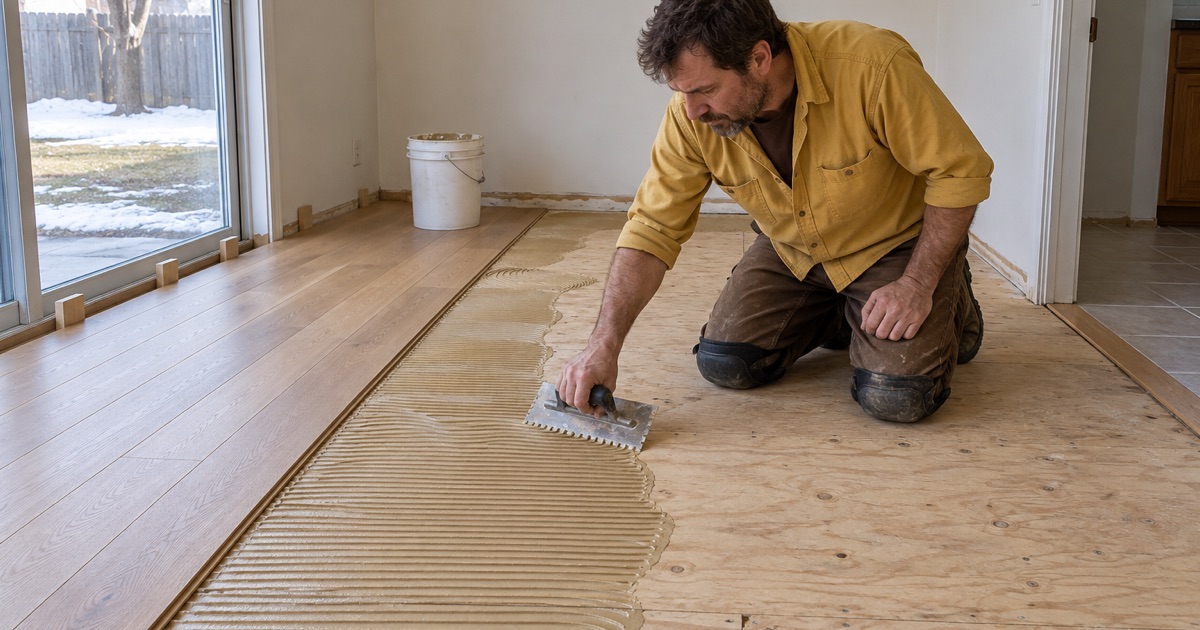 Worker spreading adhesive with a notched trowel over a plank subfloor before laying engineered oak in a Waltham room.