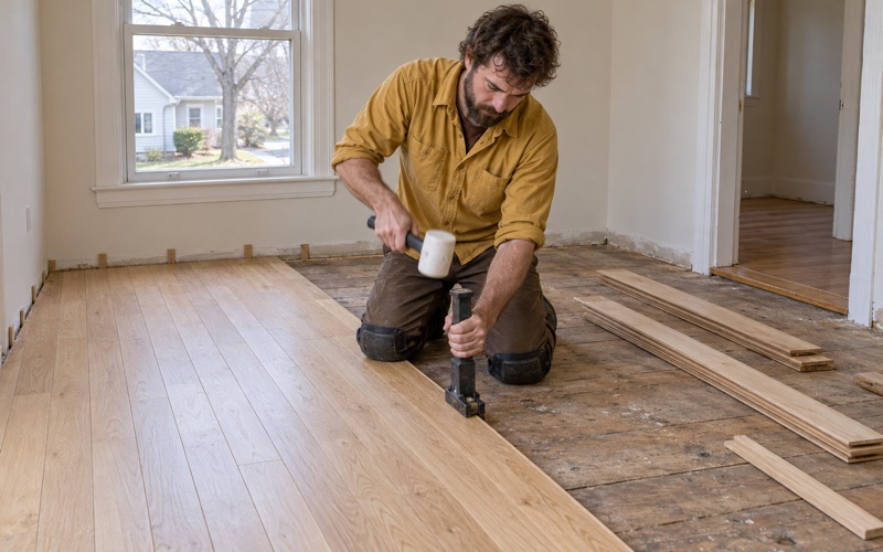 Worker striking a flooring nailer seated on the tongue edge of a white oak board in an emptied Waltham room.