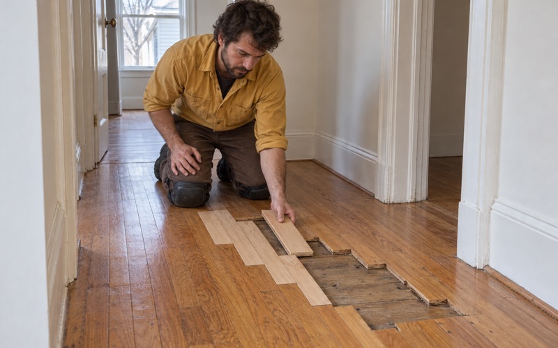 Worker dropping a new oak board into a staggered lace-in repair in a Waltham hallway floor.