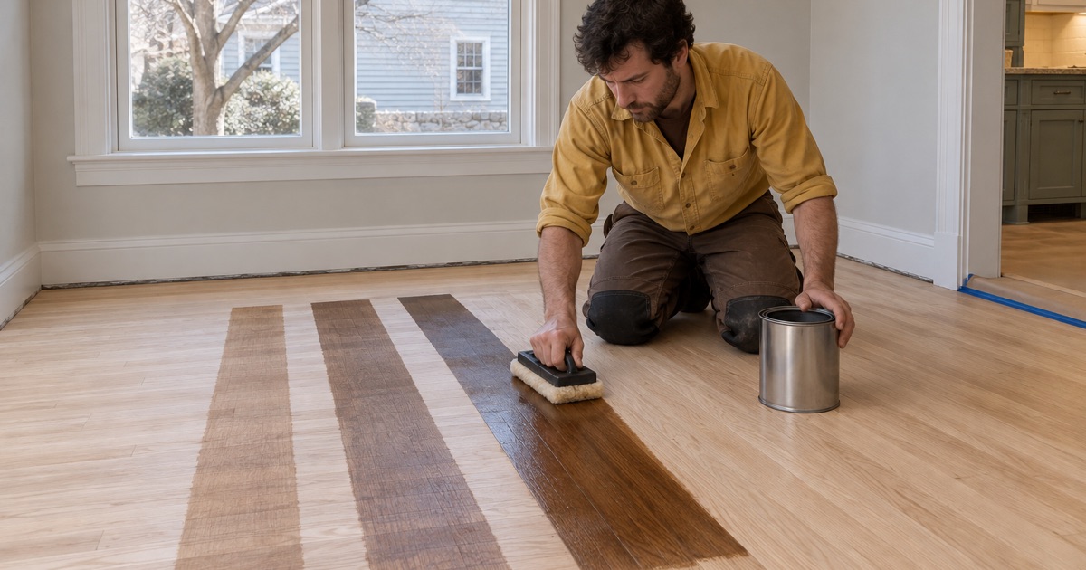 Worker wiping a stain sample across bare white oak with a lambswool block in a Waltham dining room.