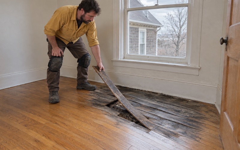 Worker lifting a dark, cupped oak board out of a stained area under a Waltham window.