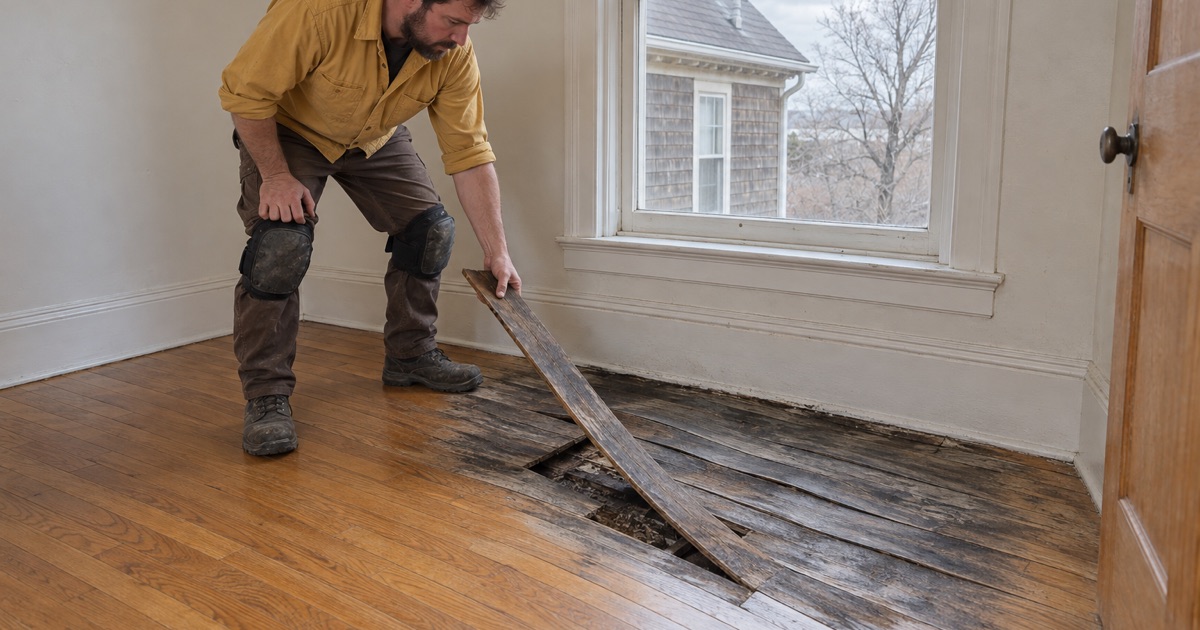 Worker lifting a dark, cupped oak board out of a stained area under a Waltham window.