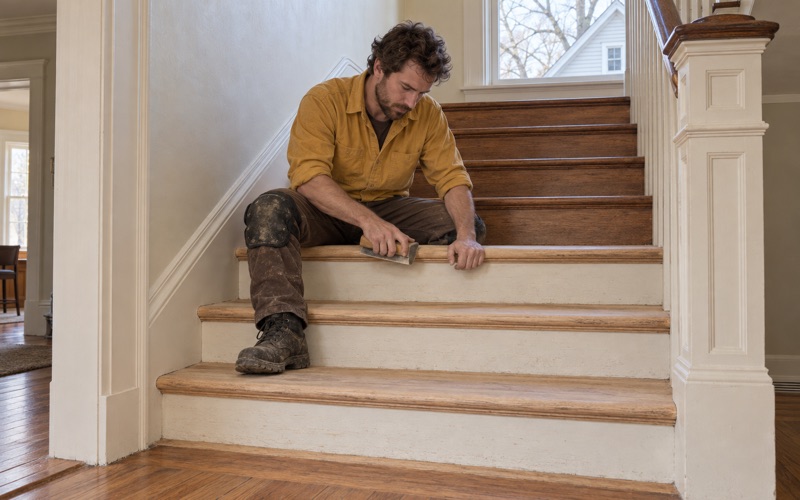 Worker sanding the nosing of an oak stair tread by hand in a Waltham center-hall staircase.