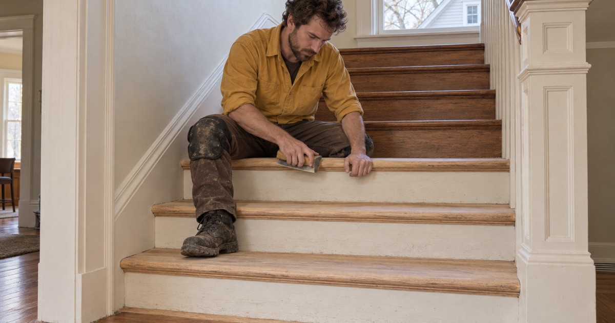 Worker sanding the nosing of an oak stair tread by hand in a Waltham center-hall staircase.