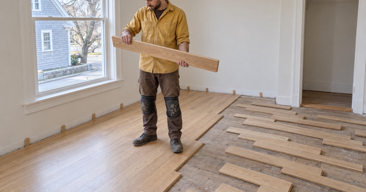 Worker holding a white oak board on edge to read its color against a part-laid floor in an emptied Waltham bedroom.