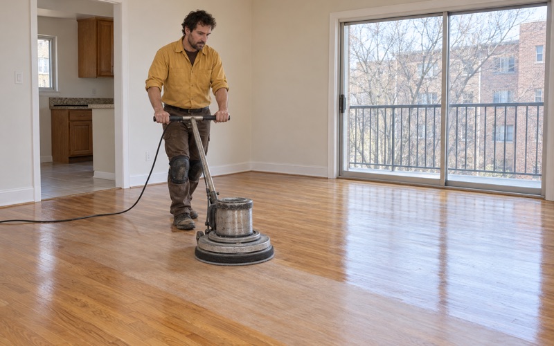 Worker running an upright buffer with a screening pad across an existing oak floor in an emptied Waltham condominium.