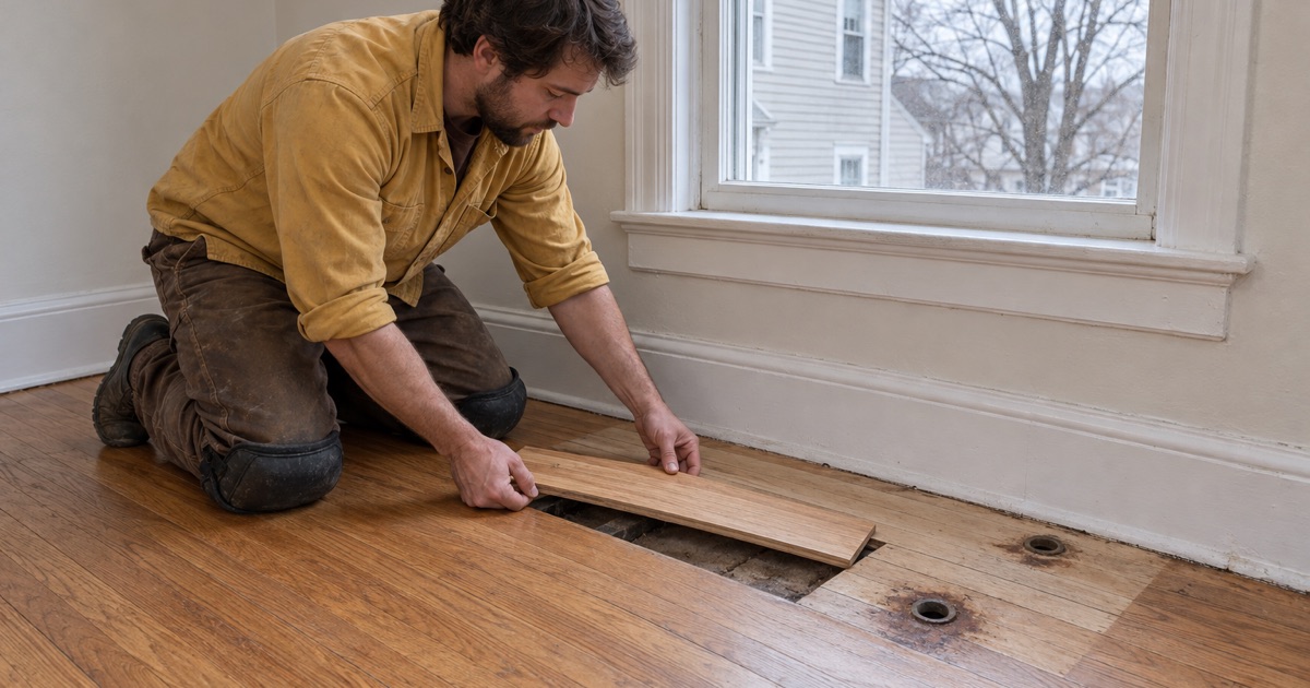 Worker lowering a cut oak fill board into the pipe hole left where a cast-iron radiator was removed from a Waltham two-family floor.