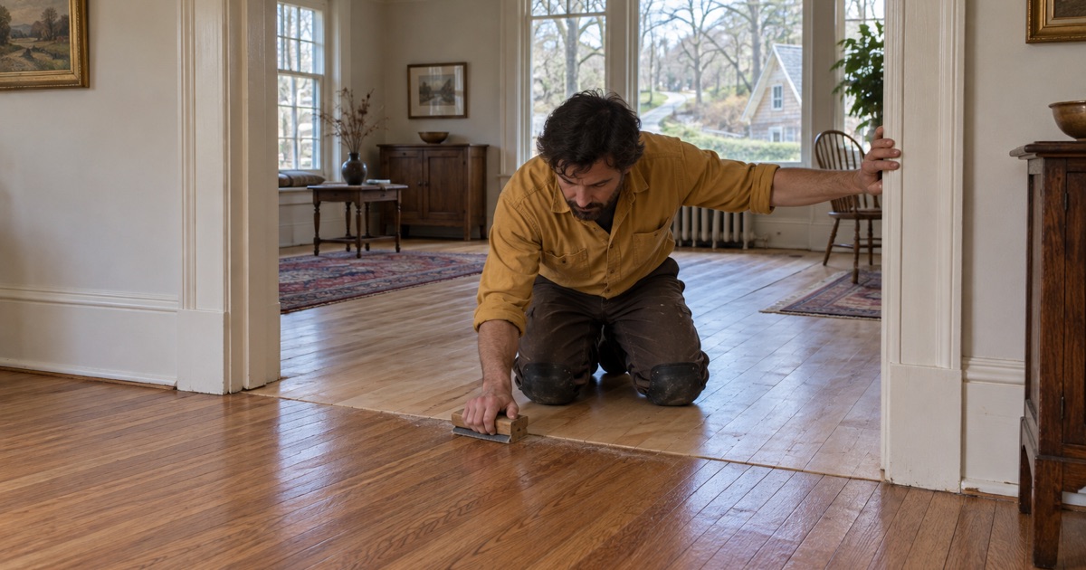 Worker hand-sanding the junction where two different floors meet in a rambling turn-of-the-century Arlington house.
