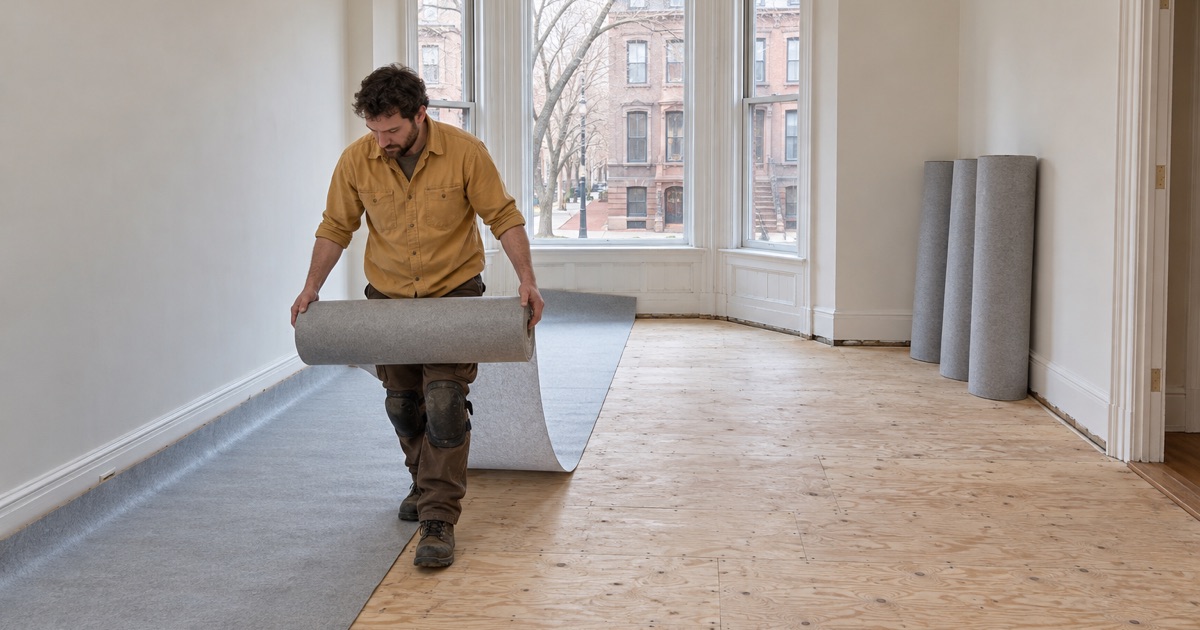 Worker rolling out underlayment across the subfloor of an emptied Back Bay condominium unit.
