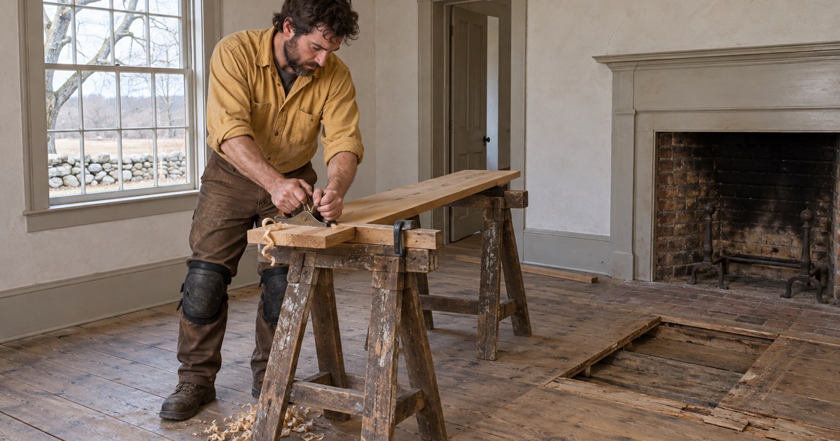 Worker planing the end of a replacement pine board to fit an original floor in a Federal-era Belmont farmhouse room.