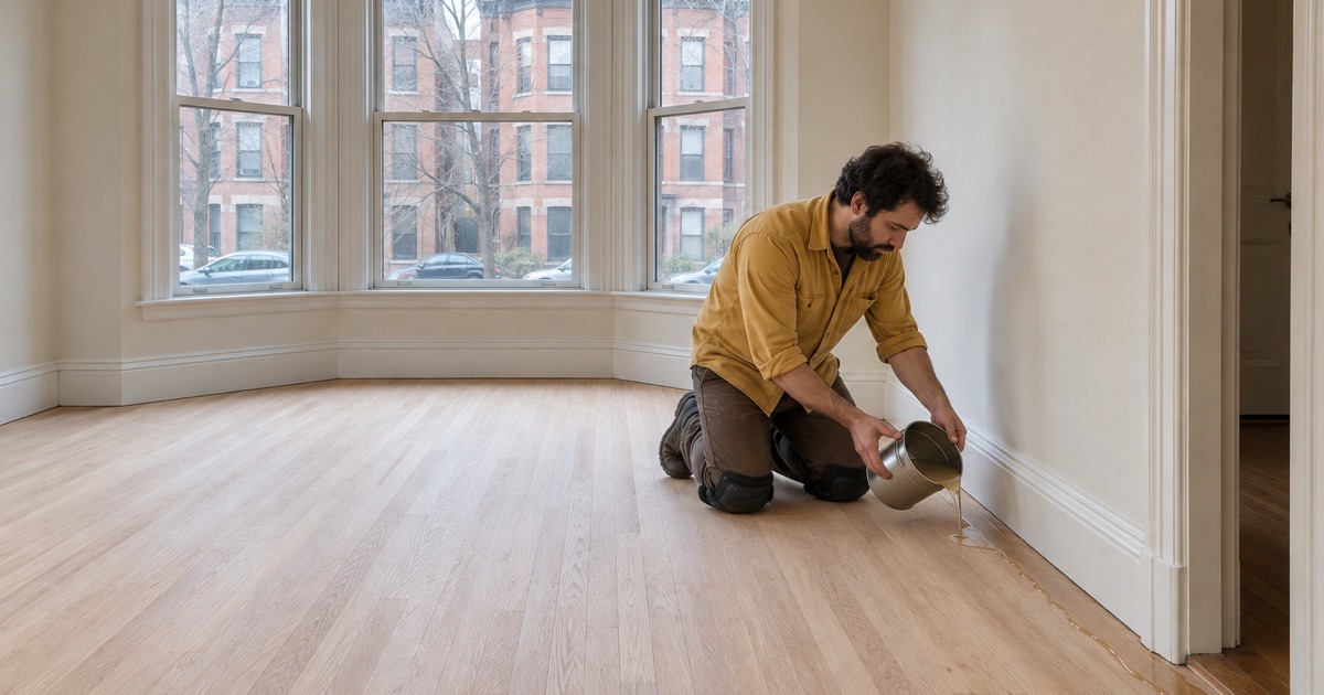 Worker pouring finish from a plain pail along the edge of a refinished oak floor in a Brookline rental apartment.