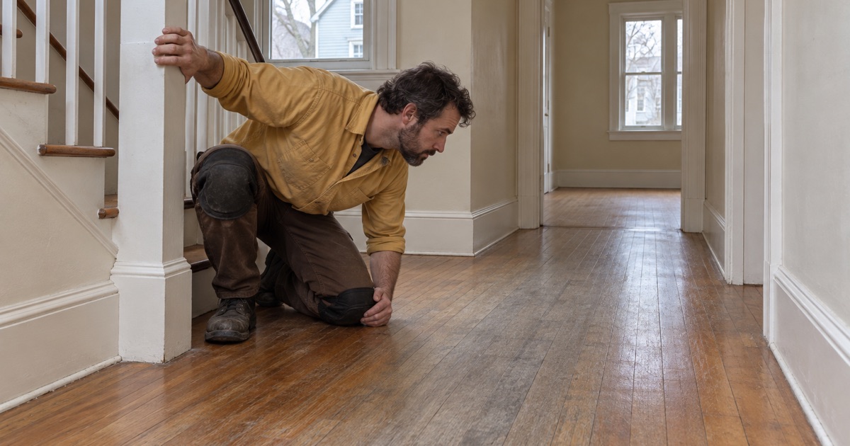 Worker judging the condition of a Burlington home’s oak floor room by room.