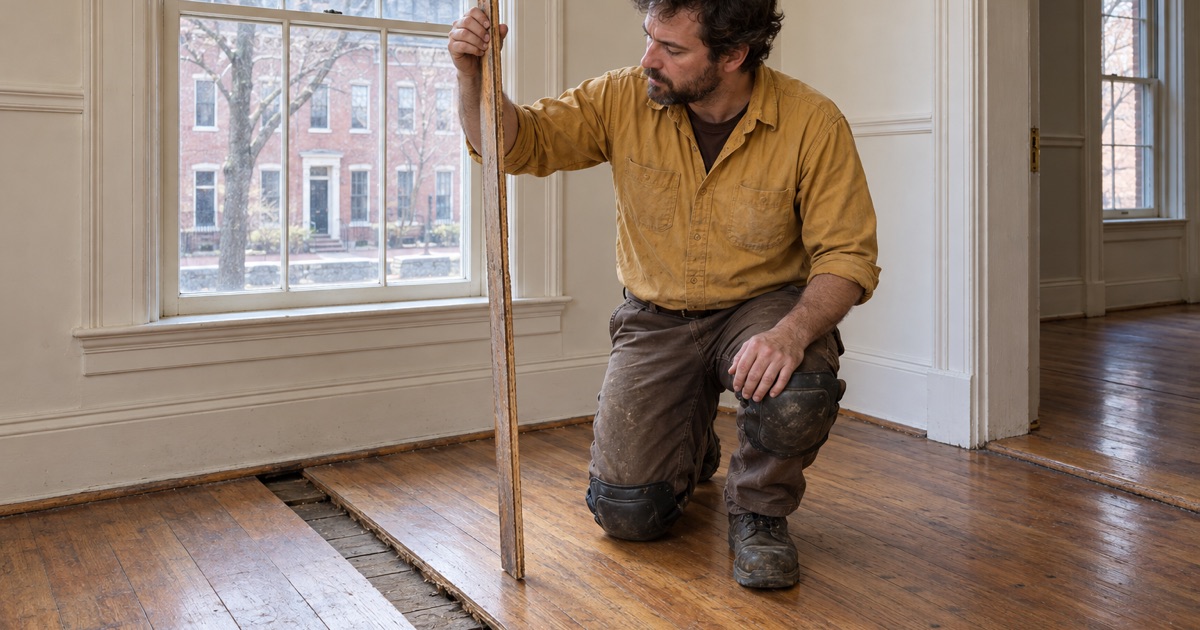 Worker holding a freed oak board on edge to read its remaining thickness in an 1860s Cambridge room.