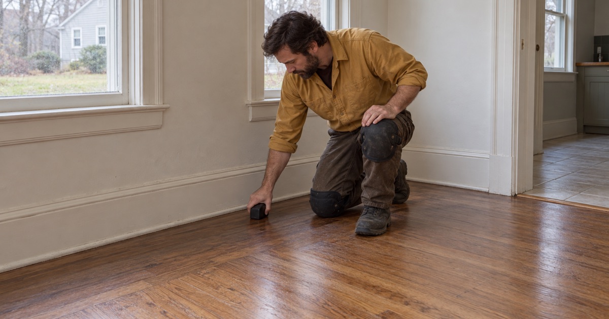 Worker taking moisture readings along the outside wall of a Dedham home’s oak floor before work begins.