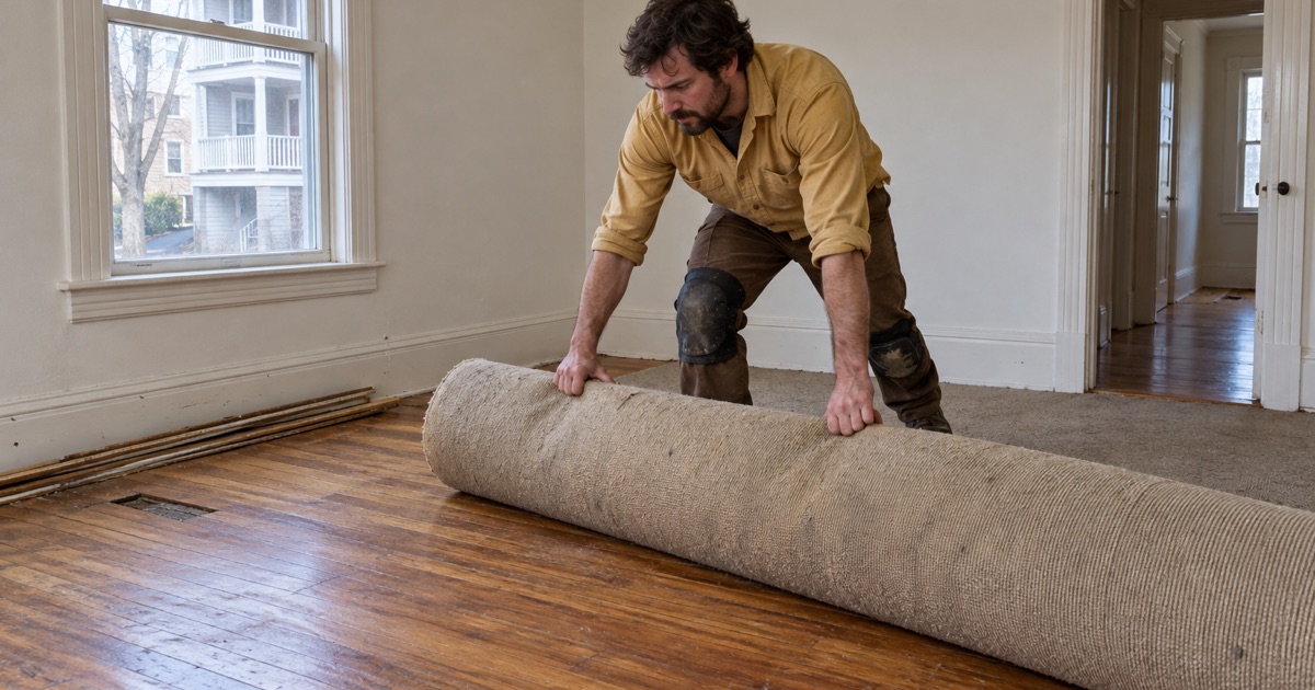 Worker rolling back old carpet to uncover the original oak floor of an Everett two-family.