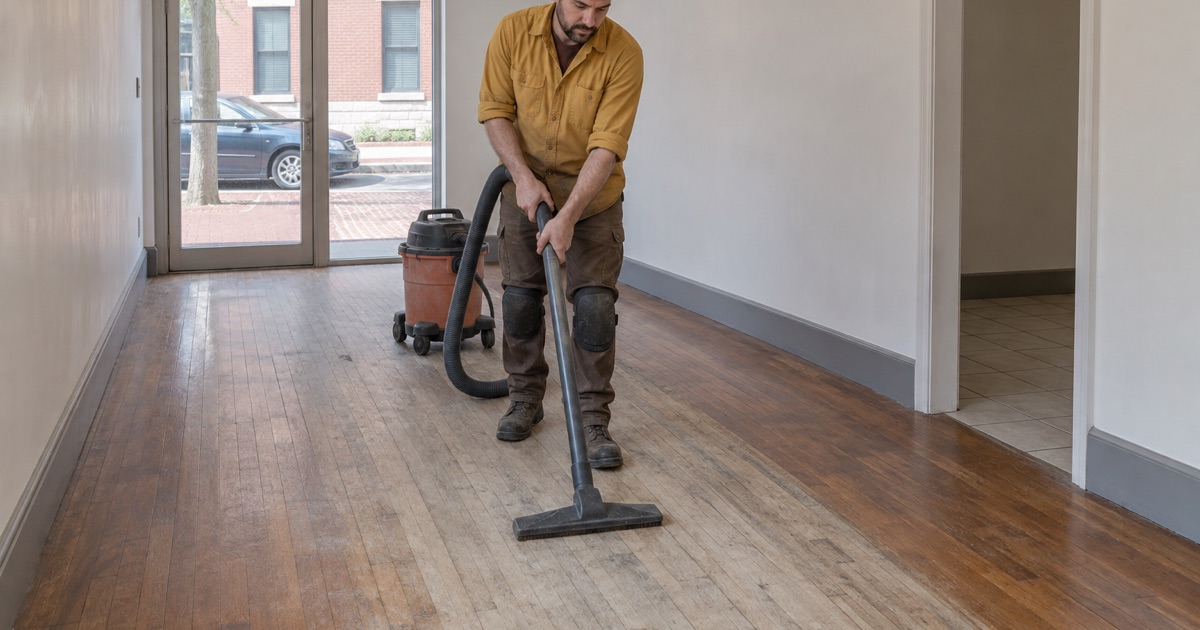 Worker vacuuming the worn entry lane of a maple floor in a small Forest Hills storefront.