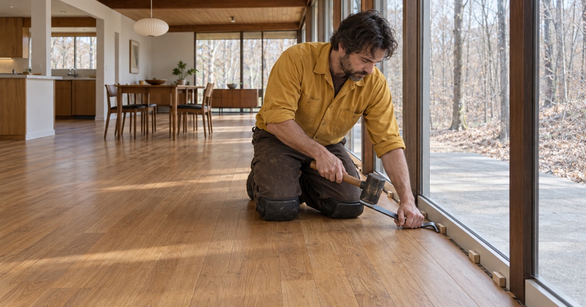 Worker seating the last oak board at a glass wall in a Lexington mid-century modern open plan.