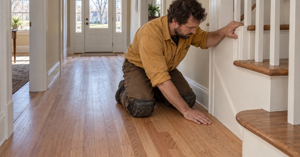 Worker fitting the last oak board against the stair skirt board in the center hall of a five-bay Needham house.