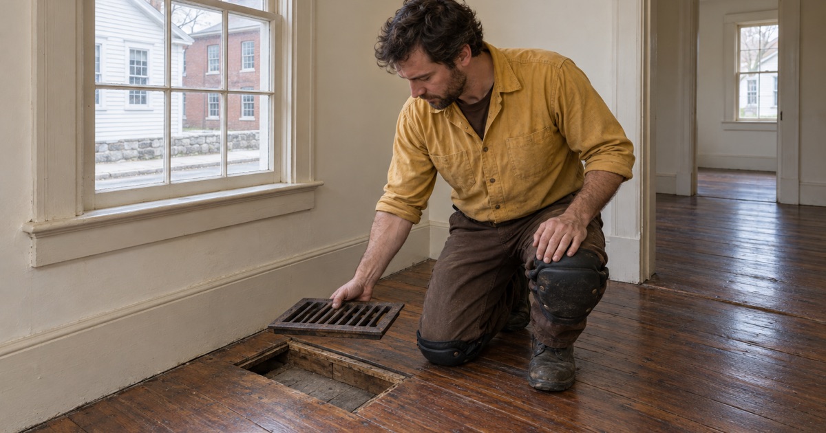 Worker lifting a cast-iron floor register out of an old floor in a Greek Revival worker cottage in Newton Upper Falls.