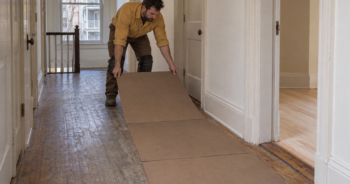 Worker laying a protective panel down a hallway in an occupied Somerville two-family while one unit’s floor is worked on.