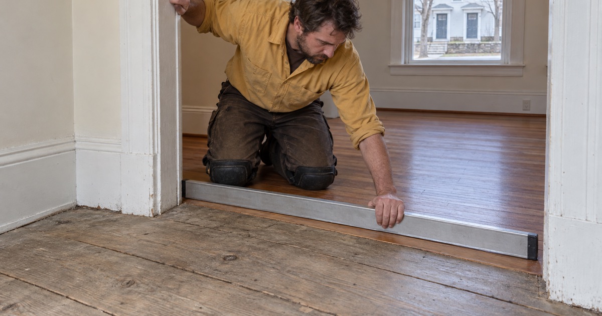 Worker checking a long level across the seam where two floors of different eras meet in a divided Watertown house.