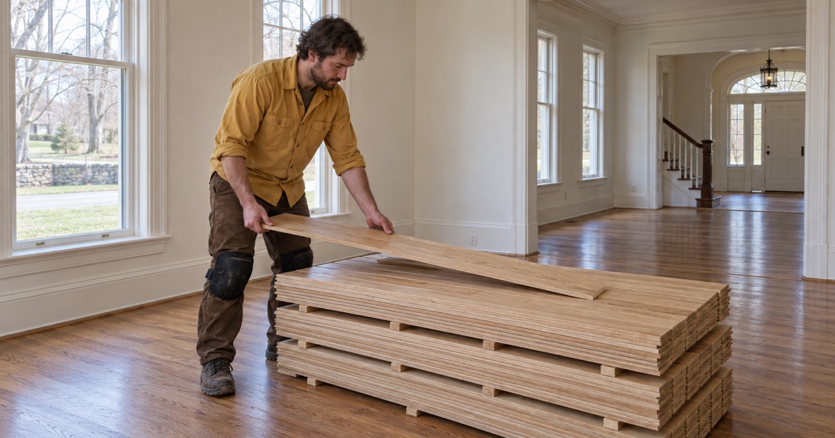 Worker setting the top board on a stack of white oak acclimating in a large Wellesley center-hall room.