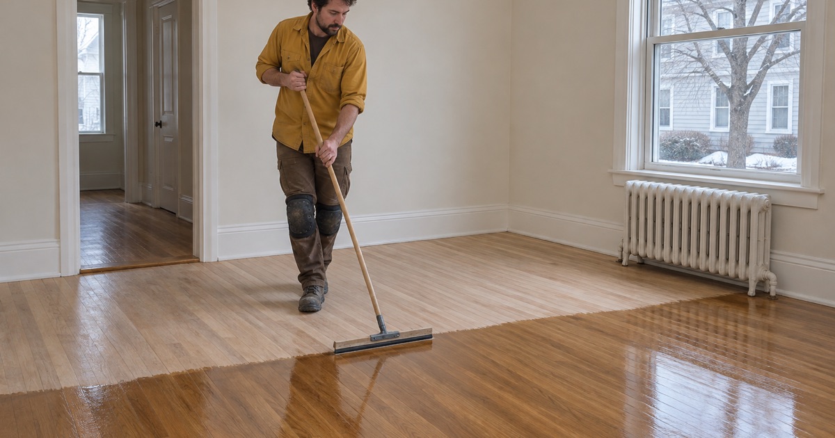 Worker applying finish to the oak floor of an emptied Winthrop rental unit.